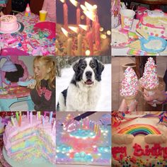 a collage of photos with cake, candles and dog