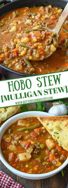 a bowl of hobo stew with a spoon in it and a sign that says, hobo stew mulligan stew