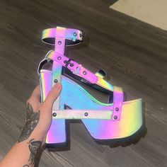 Reflective Uv, Platform, Rave Festival Heels. Rave Shoes, Yru Shoes, Rave Festival, Shoes Color, Y2k Style, Cute Shoes, Anime Character Design, Anime Character, Color Change