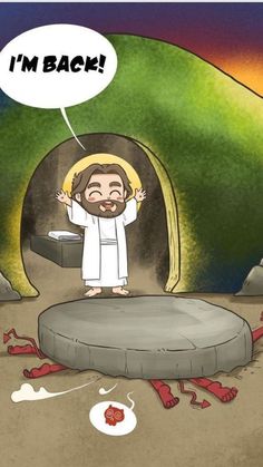 jesus is in the cave with his hands up to his head, and there are other objects on the ground