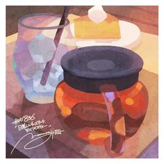 a painting of a teapot and glass on a table with a spoon next to it