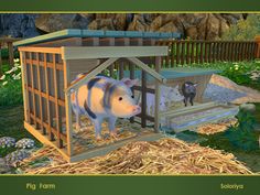 an animated pig in a small wooden structure with another animal standing next to the cage