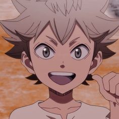 an anime character with short hair and big eyes pointing to the side while wearing a white shirt