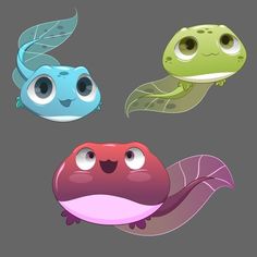 four different colored cartoon animals with big eyes