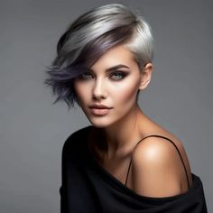 Grey Hair Red Highlights, Trendy Short Haircuts 2024, Funky Fall Hair Color, Short Hair Color Ideas Pixies, 2024 Short Hair Trends For Women, Silver Short Hair, Hair Asymmetrical, Pixie Hair Color, Women With Short Hair