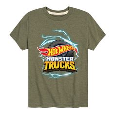 Hot Wheels - Monster Trucks Logo - Kids Toddler And Youth Short Sleeve Tee - Celebrate the essence of Mattel's Hot Wheels with officially licensed apparel featuring unique designs crafted exclusively by Hybrid Apparel. Each piece brings beloved characters, iconic imagery, and memorable moments to life, offering Hot Wheels fans a one-of-a-kind way to showcase their passion. Wheel Logo, Kids Clothes Boys, Kids Logo, Toddler Boy Outfits, Top Graphic Tees, Memorable Moments, Military Green, Tee Shop, Toddler Outfits