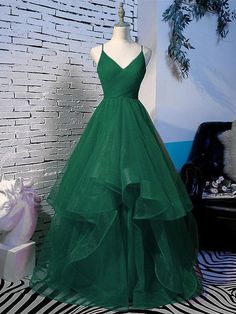 a line prom dresses evening dress spaghetti straps open back long dark green tulle with ruffles Layered Tulle Prom Dress, Winter Ball, Dress Graduation, Dress Spaghetti Straps, Formal Outfits