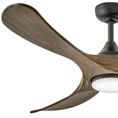 a ceiling fan with wooden blades and a light on the blade is turned upside down