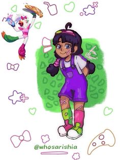 a drawing of a girl in purple and green