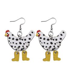 a pair of earrings with a chicken on it