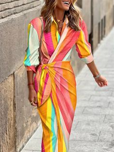 Mode Prints, Robes Glamour, Long Striped Dress, Dress Sleeve Length, Collared Shirt Dress, Printed Shirt Dress, Turndown Collar, Hip Dress