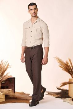 Ecru shirt in a solid base with side flap pockets. - Aza Fashions Casual Brown Shirt With Flap Pockets, Beige Tops With Flap Pockets, Brown Casual Shirt With Flap Pockets, Beige Cotton Shirt With Flap Pockets, Spring Button-up Shirt With Flap Pockets, Beige Workwear Shirt With Welt Pockets, Pocket Shirt, Shirt Pattern, Casual Shirts For Men