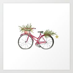 a red bicycle with a christmas tree on the front wheel