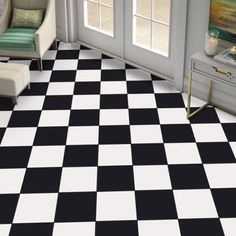 a black and white checkered floor in a living room