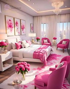 a bedroom decorated in pink and white colors