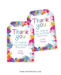 two thank cards with the words thank you for making my birthday colorful