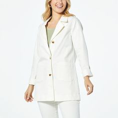 DG2 by Diane Gilman New Classic Stretch City Coat Balancing function and fashion, this denim topper combines the traditional look of a trench coat with the classic cool of a jean jacket. It's the perfect transitional piece for all of your spring and summer styles. White Single Breasted Relaxed Fit Outerwear, White Cotton Outerwear For Daywear, White Fall Blazer For Daywear, Spring White Relaxed Fit Blazer, White Blazer For Fall Daywear, Spring White Blazer With Relaxed Fit, White Cotton Button-up Blazer, White Button-up Outerwear For Daywear, White Collared Outerwear For Daywear