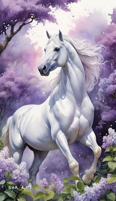 a painting of a white horse running through purple flowers