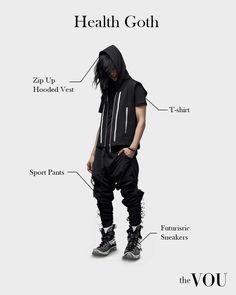 25 Goth Style Outfits to Completely Master Gothic Fashion Health Goth Men, Health Goth Aesthetic, Gothic Sportswear, Goth Sportswear, Futuristic Sportswear, Health Goth Outfits, Tech Goth, Futuristic Goth, Outfit Idea For Men