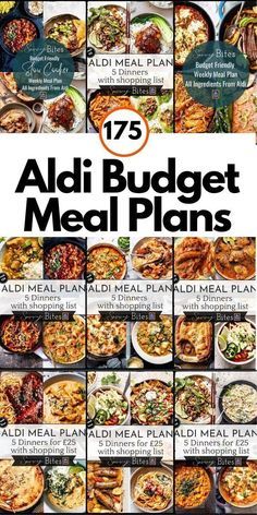 the aldi budget meal plan is shown in black and white, with images of different meals