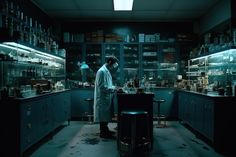 a man standing in a lab with lots of bottles