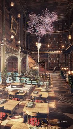 an artistic rendering of a library with tables and chairs