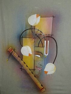 an abstract painting of a woman's face with musical instruments in the foreground