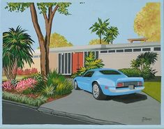 a painting of a blue sports car parked in front of a house with palm trees