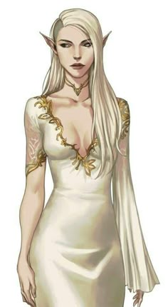 a drawing of a woman in a white dress with long blonde hair and horns on her head