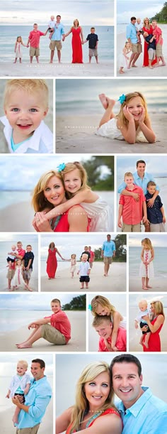 a collage of people posing for pictures on the beach