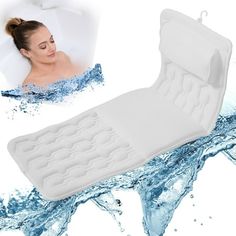 an inflatable mattress with water splashing around it and a woman's face