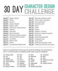 the 30 day character design challenge is shown in green and black, with text on it