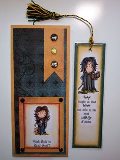 two bookmarks are hanging on the wall next to each other, one with an image of harry potter