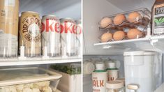 an open refrigerator with eggs, milk and other food items in the fridge next to it