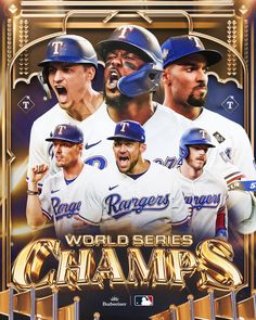 the los angeles dodgers world series champs poster is shown in gold and blue with their team's name on it