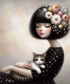 a painting of a woman holding a cat with flowers in her hair