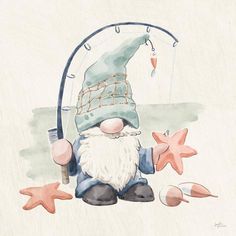 a watercolor painting of a gnome with a fishing rod and starfish