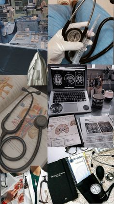 a collage of medical related items including a laptop, stethoscope and books