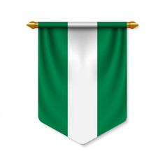 a green and white striped banner hanging on a gold pole with two golden poles in the center