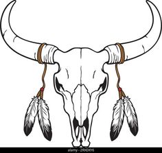 the head of a bull with feathers on it's horns and long horns