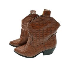 Brown Crocodile Print Short Heeled Boots Brown Leather Boots With Crocodile Pattern, Fall Crocodile Pattern Boots With Pointed Toe, Brown Crocodile Pattern Boots For Fall, Faux Leather Boots With Crocodile Pattern For Fall, Fall Faux Leather Boots With Crocodile Pattern, Faux Leather Boots With Crocodile Pattern And Pointed Toe, Pointed Toe Faux Leather Boots With Crocodile Pattern, Faux Leather Crocodile Pattern Pointed Toe Boots, Short Heeled Boots