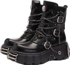 Edgy Moto Boots With Metal Pin Buckle, Punk Style Chain Boots For Streetwear, Edgy Chain Boots For Streetwear, Edgy Chain Boots With Round Toe, Edgy Boots With Chain And Round Toe, Edgy Boots With Chain Strap And Round Toe, Edgy Leather Boots With Chain, Edgy Leather Boots With Chain Detail, Dark Rave Outfit