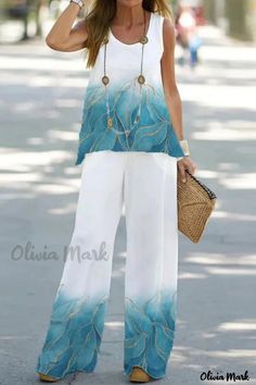 Color: White Blue, Size: M Loose Tank, Sleeveless Suit, Two Piece Pants Set, Pantalon Large, Sleeveless Tshirt, Vest Top, Amelie, Casual Outfit, Neck Designs