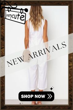 Karlidress Buttons Loose Solid One-piece Jumpsuits P12446 Casual Sleeveless One Piece For Spring, White Sleeveless Overalls For Spring, White Summer Jumpsuits And Rompers For Work, Elegant Sleeveless Spring One-piece, Beach-ready Short Sleeve Jumpsuits With Button Closure, Black Color, Shop Now, Jumpsuit, One Piece