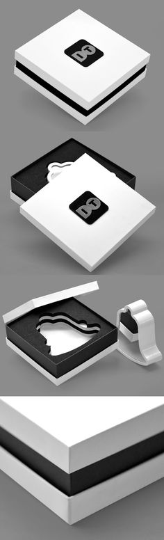 three different views of the same object in black and white, one with an apple logo on it