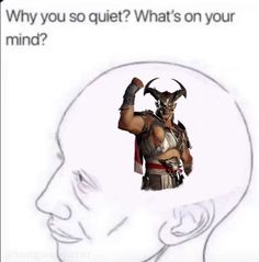 a drawing of a man with horns on his head and the words, why do you quiet? what's on your mind?