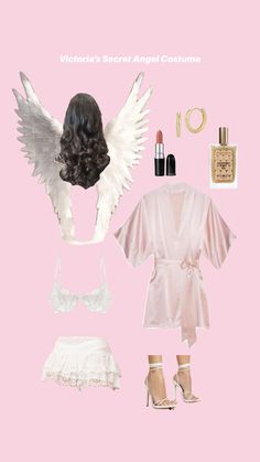 a woman's outfit with angel wings, heels and lipstick on a pink background