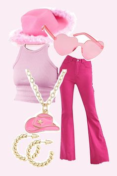 a pink outfit with sunglasses, hat and necklace