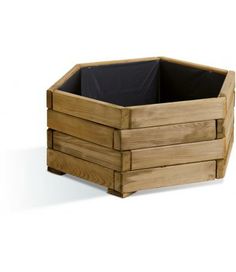 a wooden planter with black plastic liners on the sides and bottom, in front of a white background