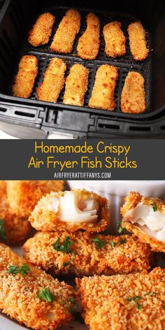 homemade crispy air fryer fried fish sticks in an air fryer with parsley